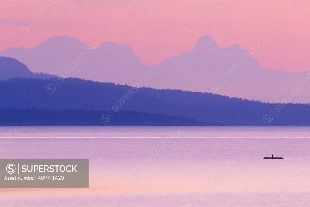 Silhouette of mountains at sunrise, Rathtrevor Beach Provincial Park, Parksville, Vancouver Island, British Columbia, Canada