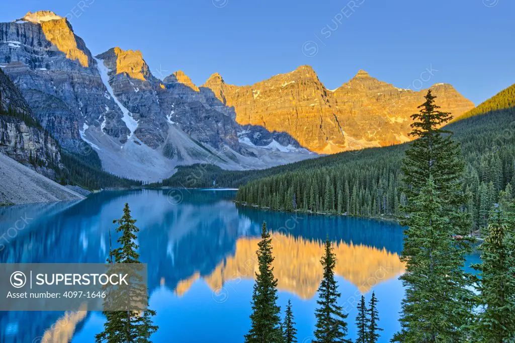 Reflection of mountains in a lake, Wenkchemna Peaks, Moraine Lake, Valley of the Ten Peaks, Banff National Park, Alberta, Canada