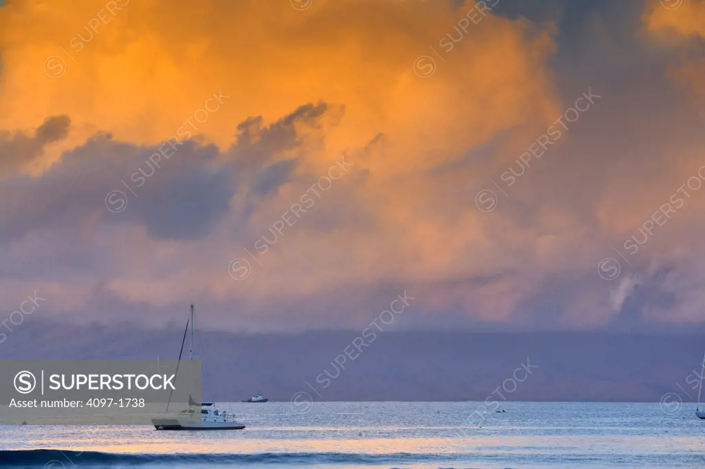 Sailboat in the ocean, Lanai, Maui, Hawaii, USA