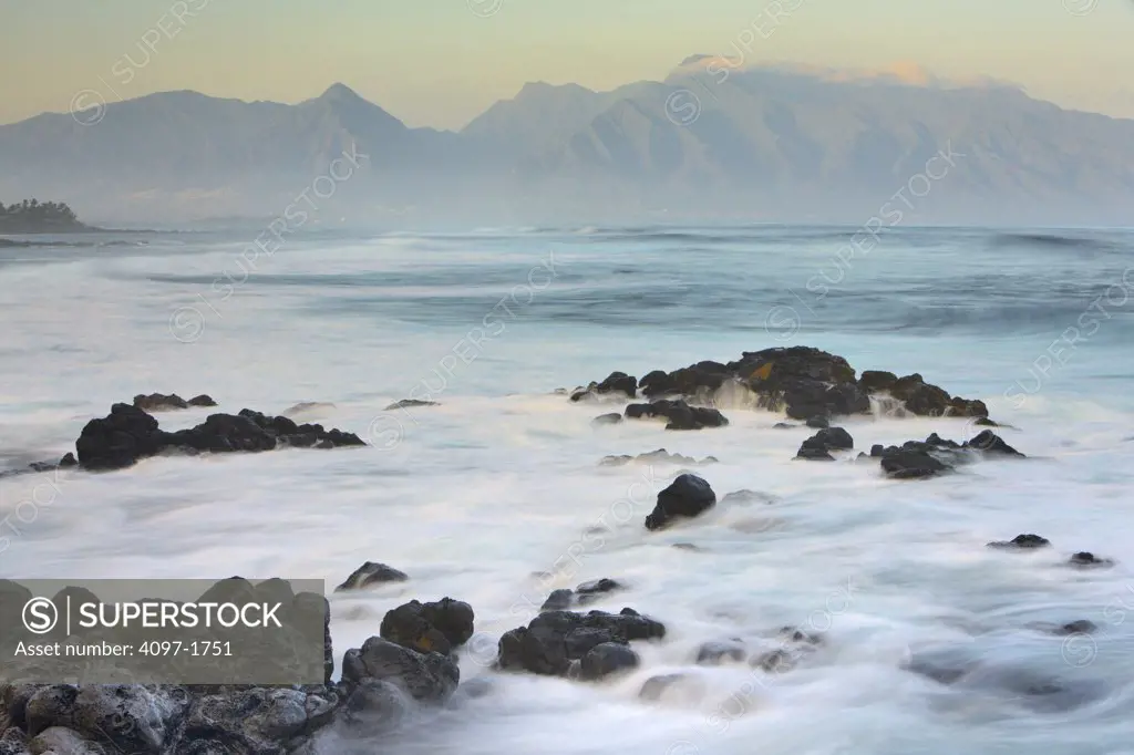 Ocean with mountains in the background, North Maui Mountains, Hookipa Beach, Maui, Hawaii, USA