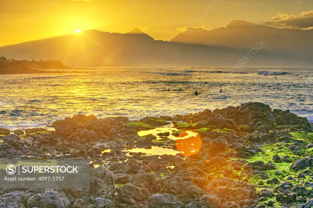 Mountains at sunset, North Maui Mountains, Hookipa Beach, Maui, Hawaii, USA