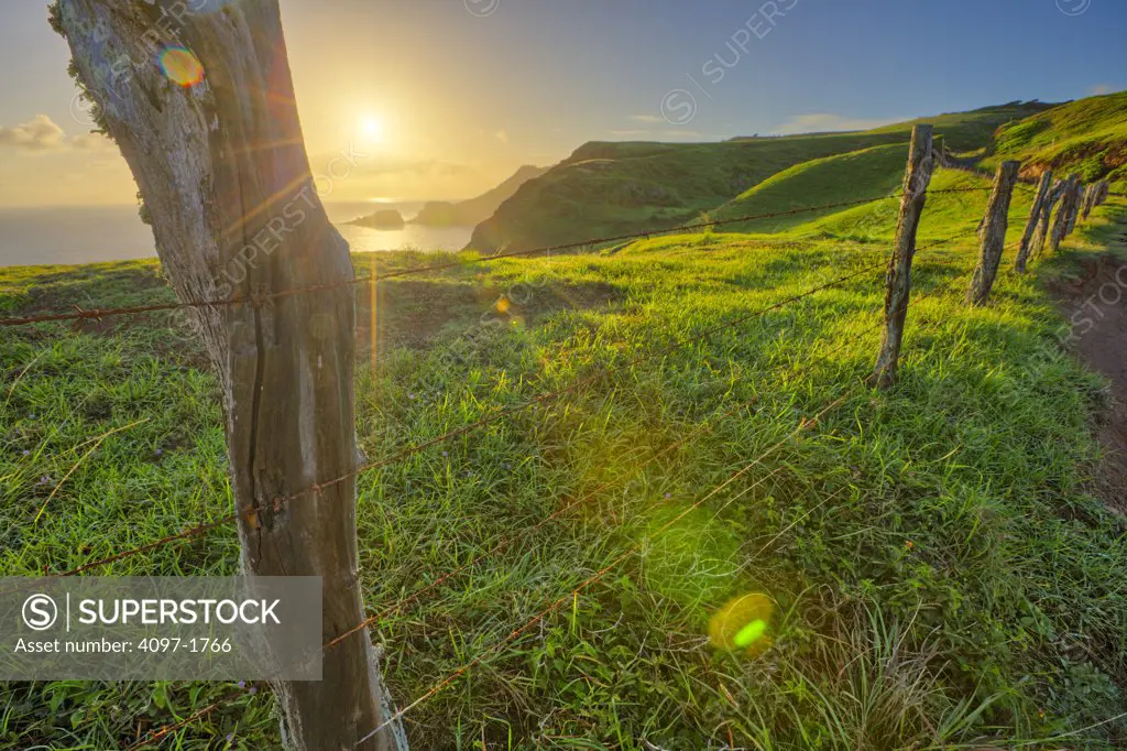 Fence at sunrise, Poelua Bay, Maui, Hawaii, USA