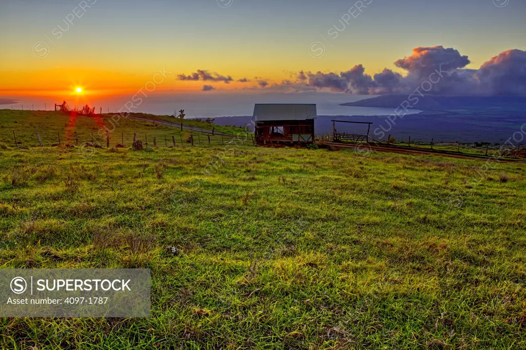 Salt barn in a field, Ka'ono'ulu Ranch, Maui, Hawaii, USA