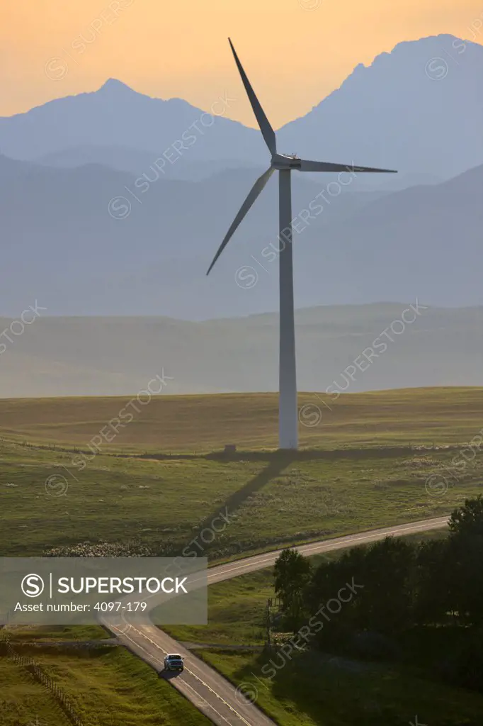 Wind turbine in a field, Waterton Lakes National Park, Alberta, Canada
