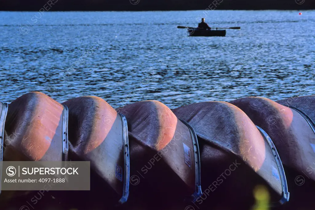 Rowboats at the lakeside, Maligne Lake, Jasper National Park, Alberta, Canada