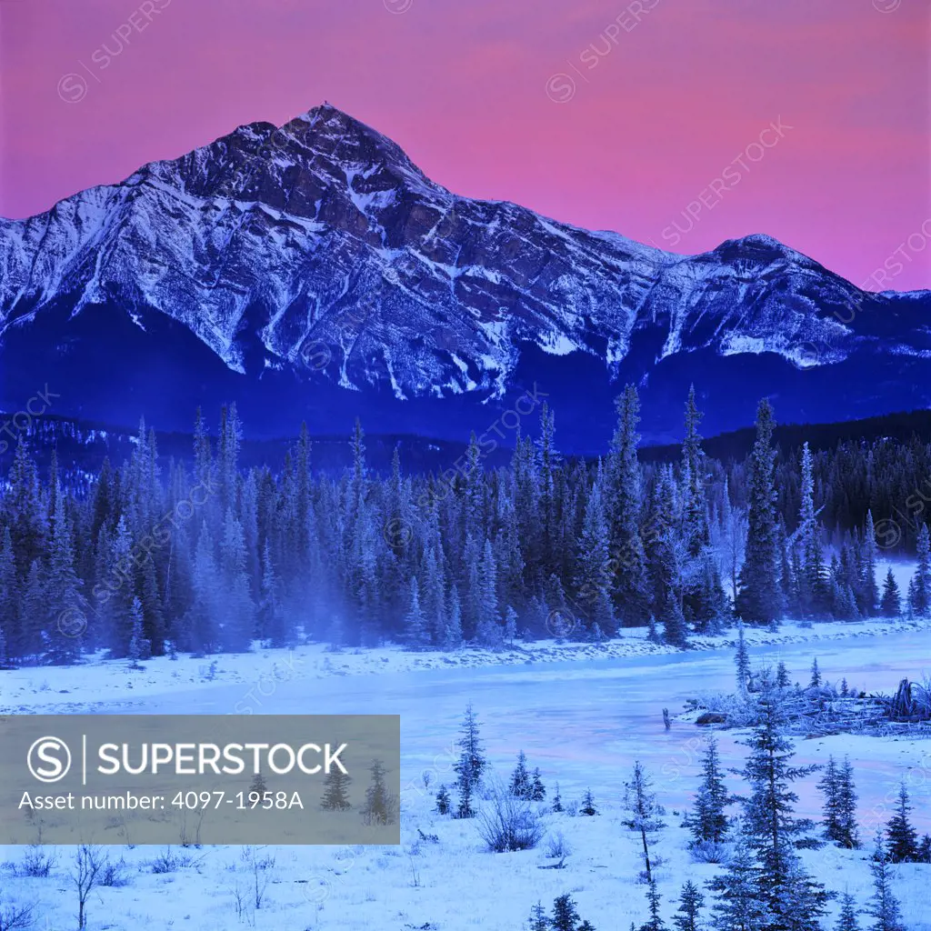 River in front of mountains, Athabasca River, Pyramid Mountain, Jasper National Park, Alberta, Canada
