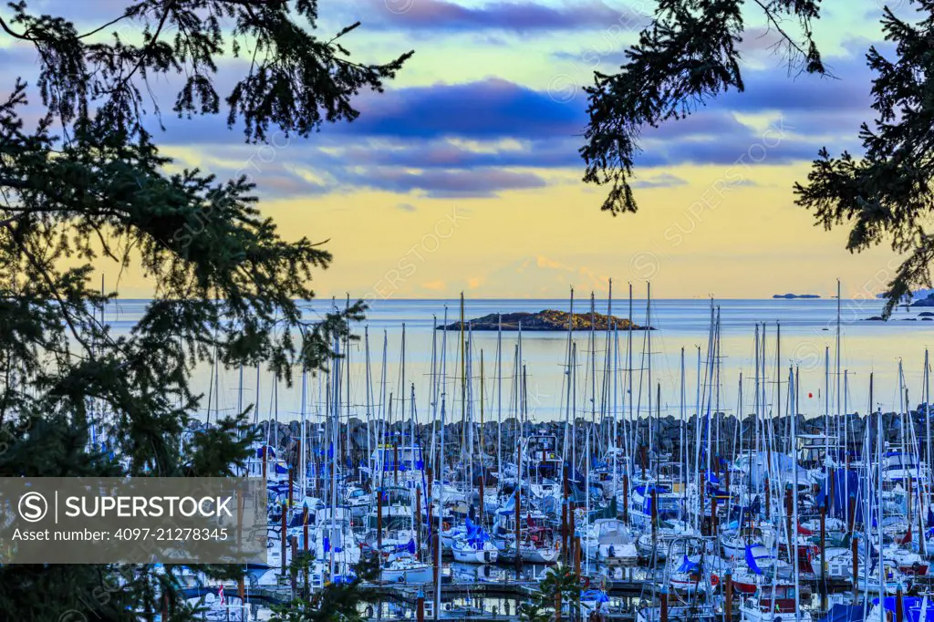 Boat marina and Mount Baker seen from Vancouver Island