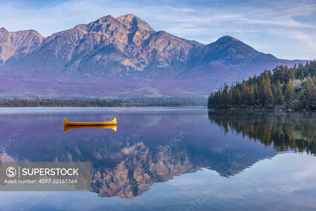 Canoe on Pyramid Lake in Jasper National Park, Alberta Canada