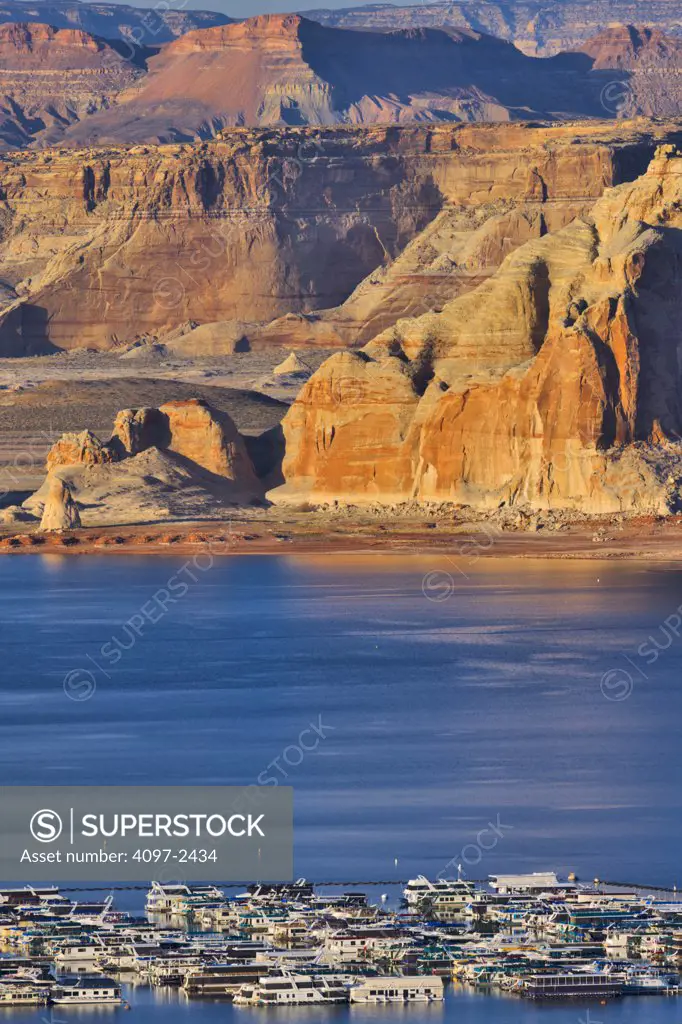 Boats moored in a lake, Lake Powell, Glen Canyon National Recreation Area, Page, Arizona, USA