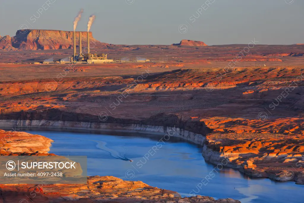 Lake with a power station in the background, Lake Powell, Navajo Generating Station, Page, Arizona, USA