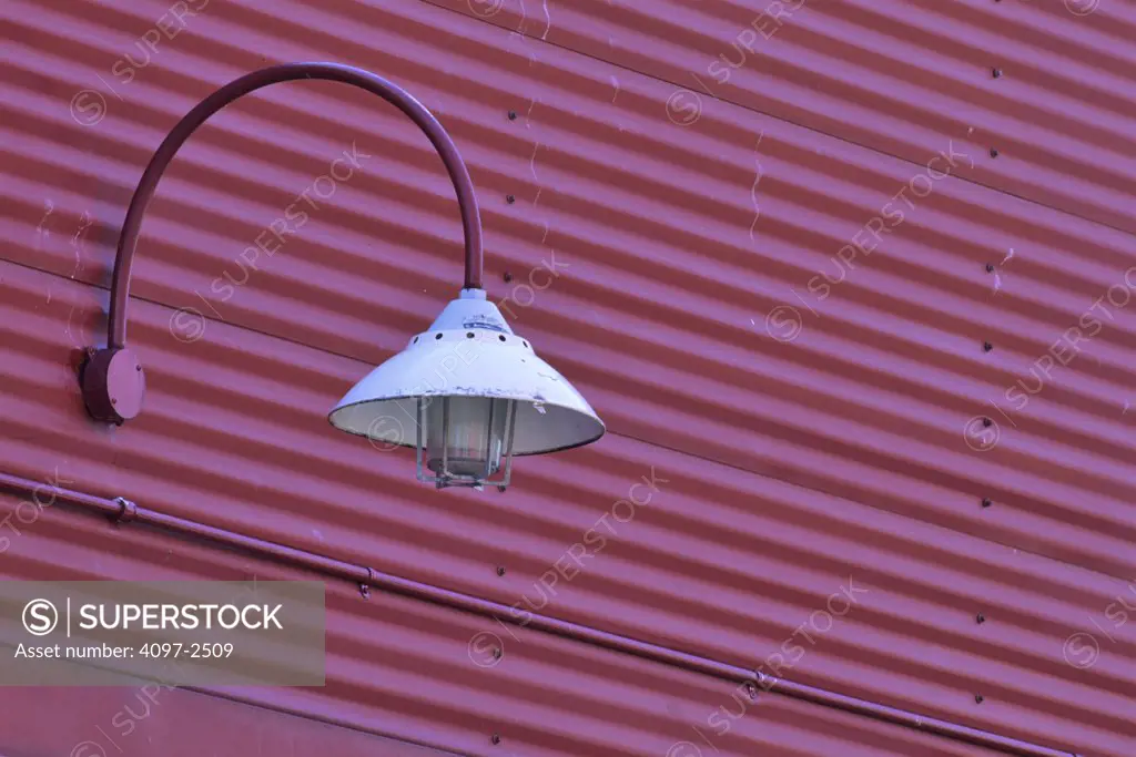 Lamp mounted with corrugated iron, Granville Island, Vancouver, British Columbia, Canada