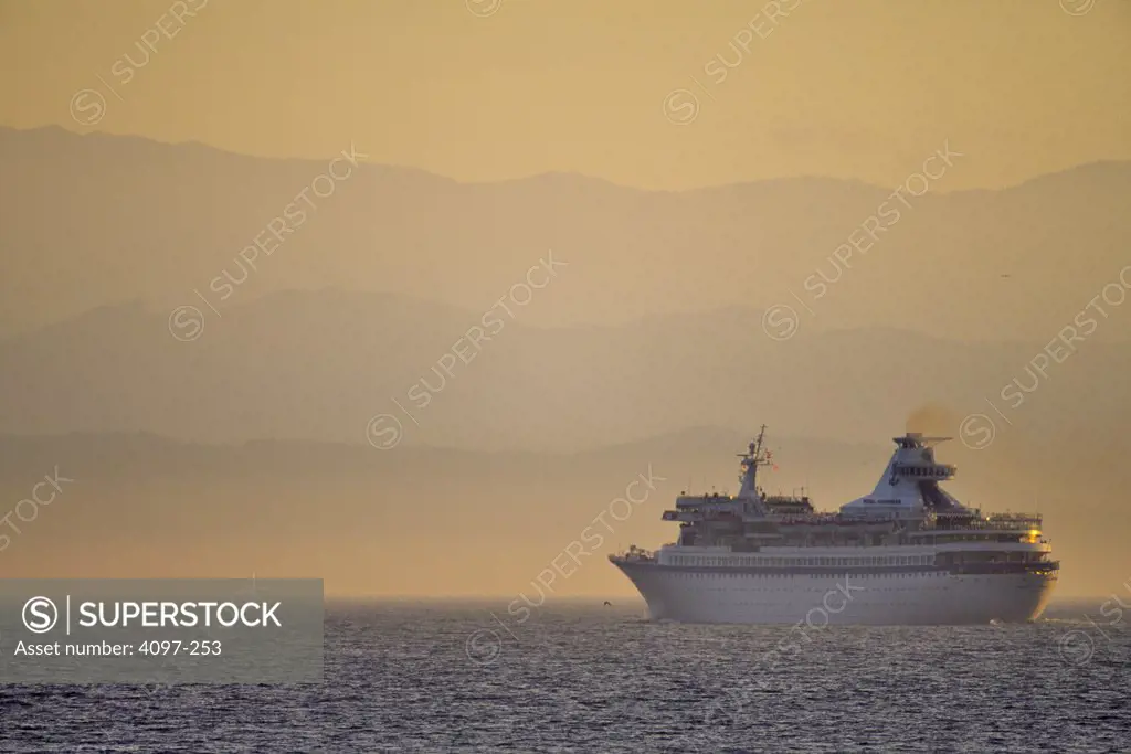 Cruise ship in the sea, Strait Of Juan De Fuca, Olympic Mountains, Victoria, Vancouver Island, British Columbia, Canada