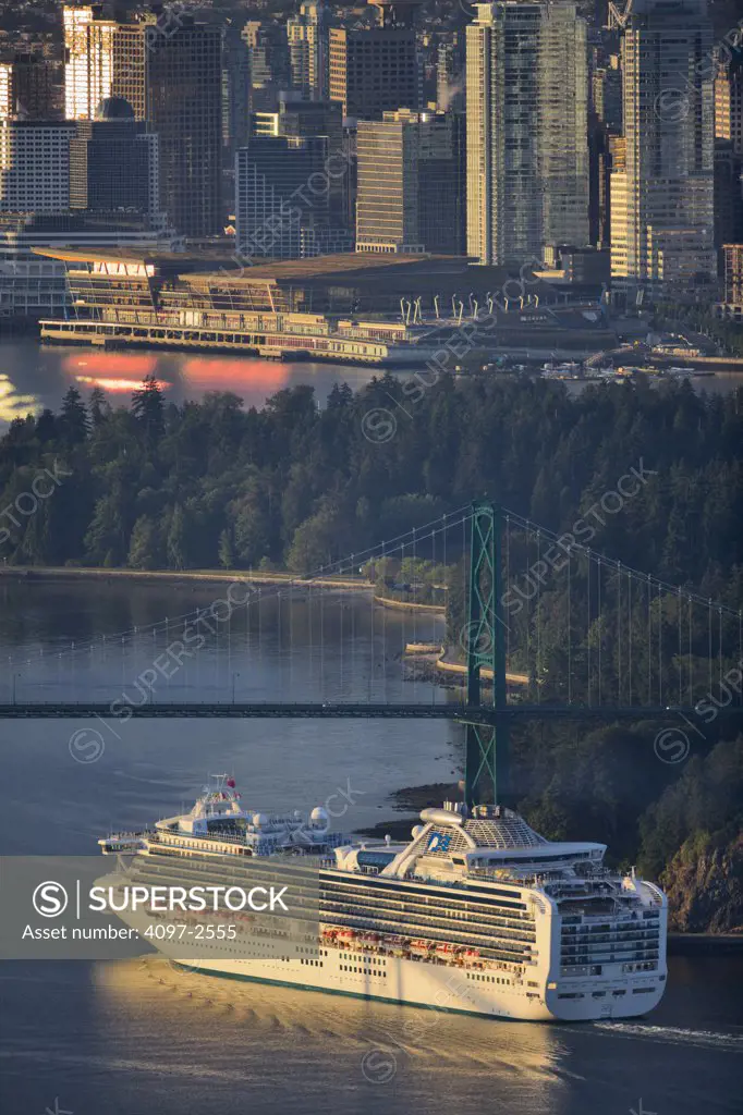 Cruise ship under a bridge, Lions Gate Bridge, Burrard Inlet, Vancouver, British Columbia, Canada