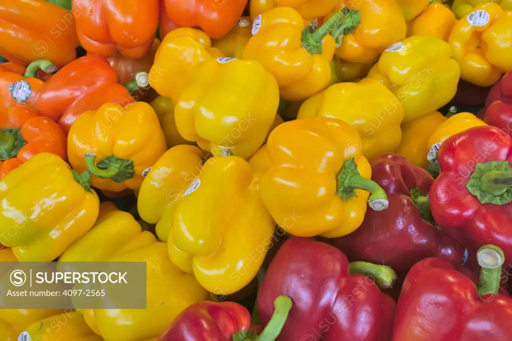 Close-up of bell peppers at a market stall, Granville Island, Vancouver, British Columbia, Canada