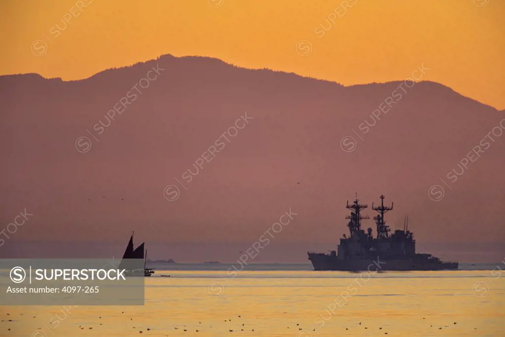 Navy ship in the sea, Olympic Mountains, Strait Of Juan De Fuca, Victoria, Vancouver Island, British Columbia, Canada