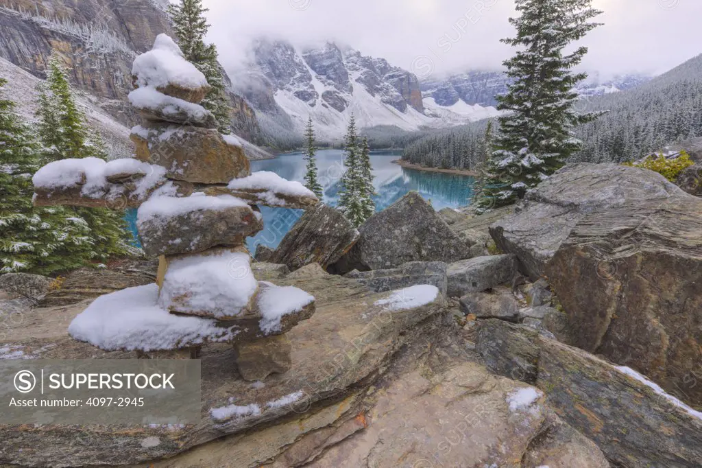 Lake surrounded by rocks, Valley Of The Ten Peaks, Moraine Lake, Banff National Park, Alberta, Canada