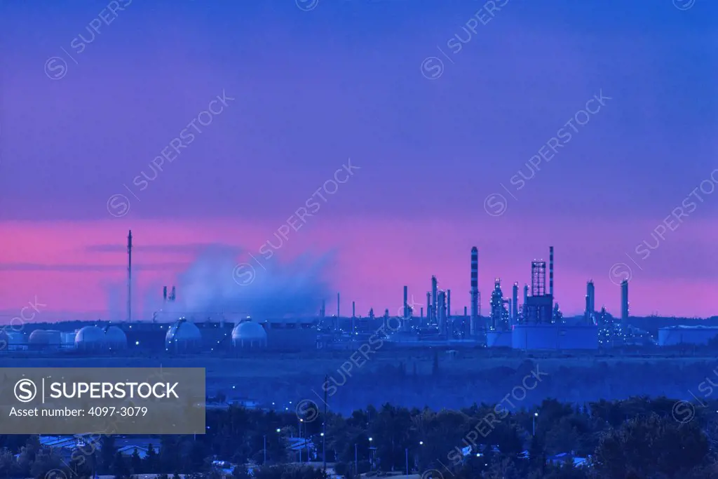 Oil refinery at dusk, Edmonton, Alberta, Canada
