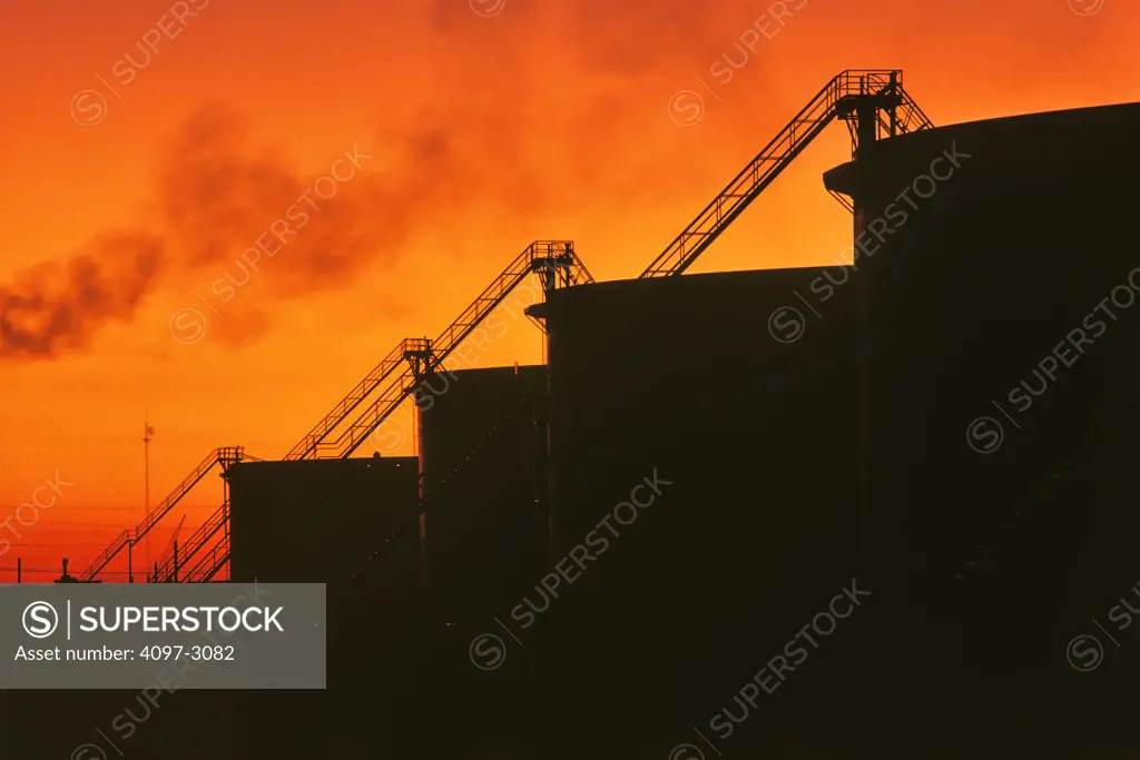 Silhouette of fuel storage tanks, Edmonton, Alberta, Canada