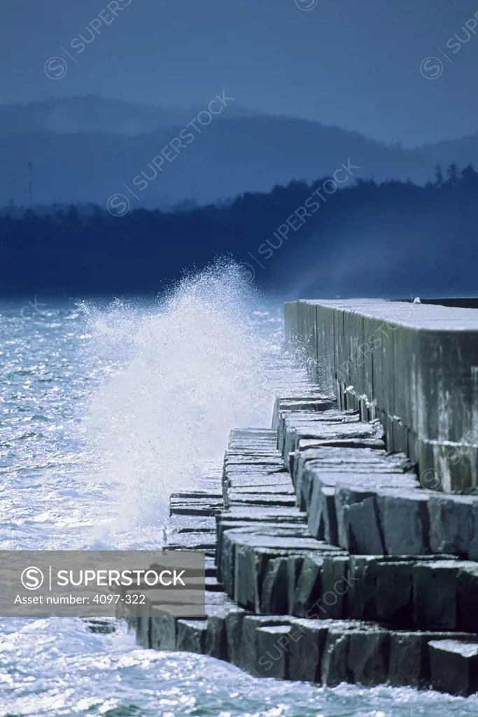 Waves breaking on the jetty, Ogden Point, Victoria, Vancouver Island, British Columbia, Canada