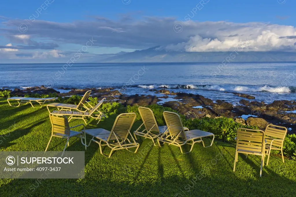 Empty deck chairs on the coast, Kapalua Area, Molokai, Hawaii, USA