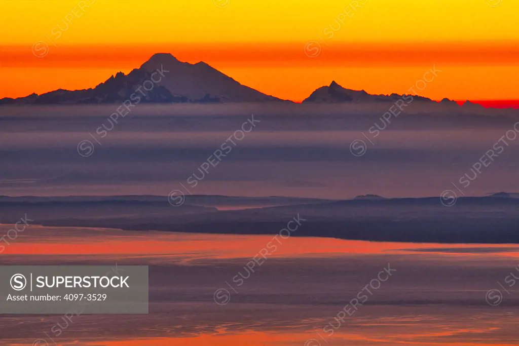 Mountains at sunrise, Strait Of Juan De Fuca, Mt Baker, San Juan Islands, Olympic National Park, Washington State, USA