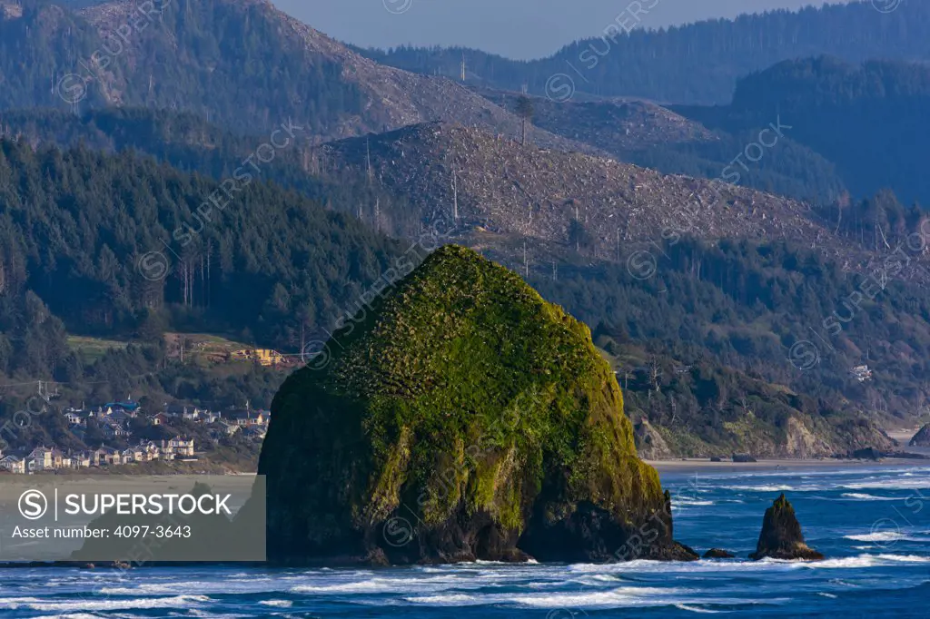 Haystack Rock in the ocean, Cannon Beach, Oregon Coast, Oregon, USA