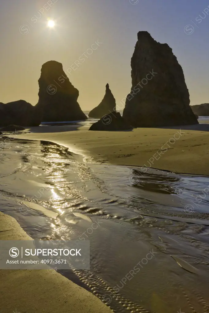 Beach with sea stacks in the background, Bandon Beach, Coos County, Oregon, USA