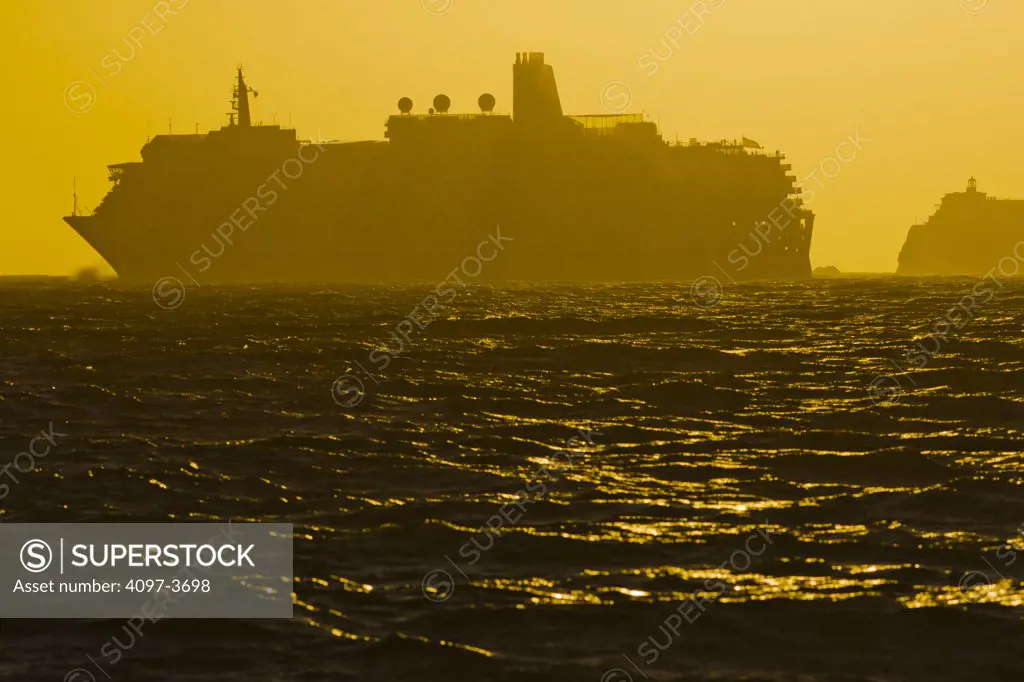Cruise ship in the bay with Point Bonita Lighthouse in the background, San Francisco Bay, San Francisco, California, USA