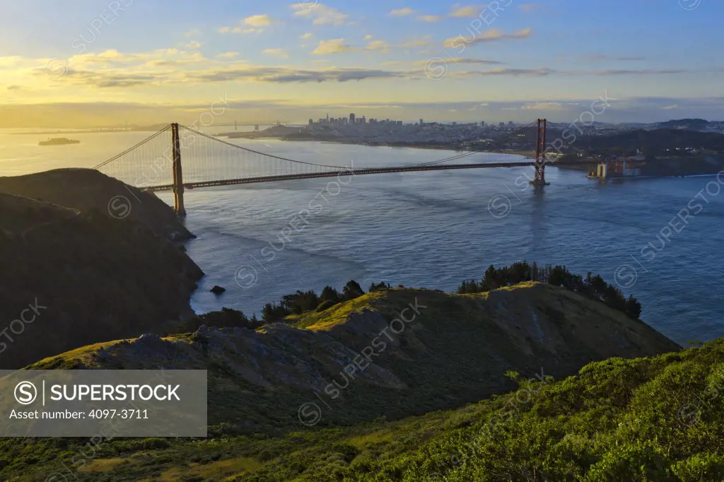 Suspension bridge across the bay, Golden Gate Bridge, San Francisco Bay, San Francisco, California, USA