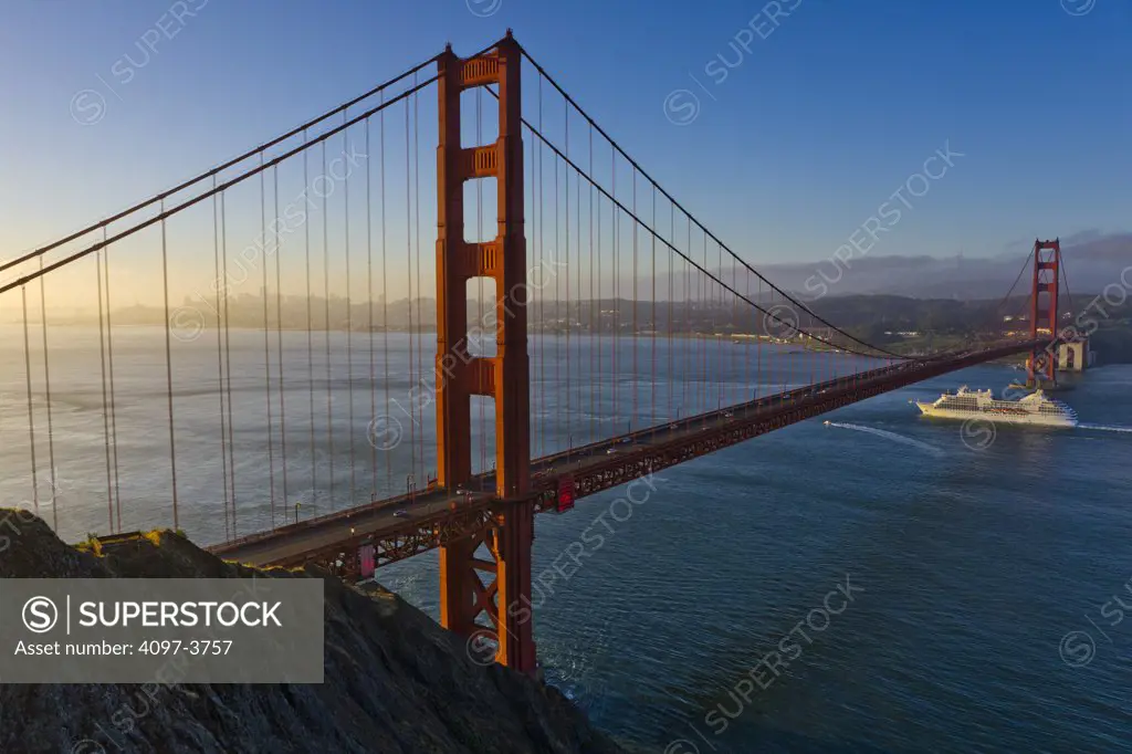 Cruise ship passing under the Golden Gate Bridge, San Francisco Bay, San Francisco, California, USA