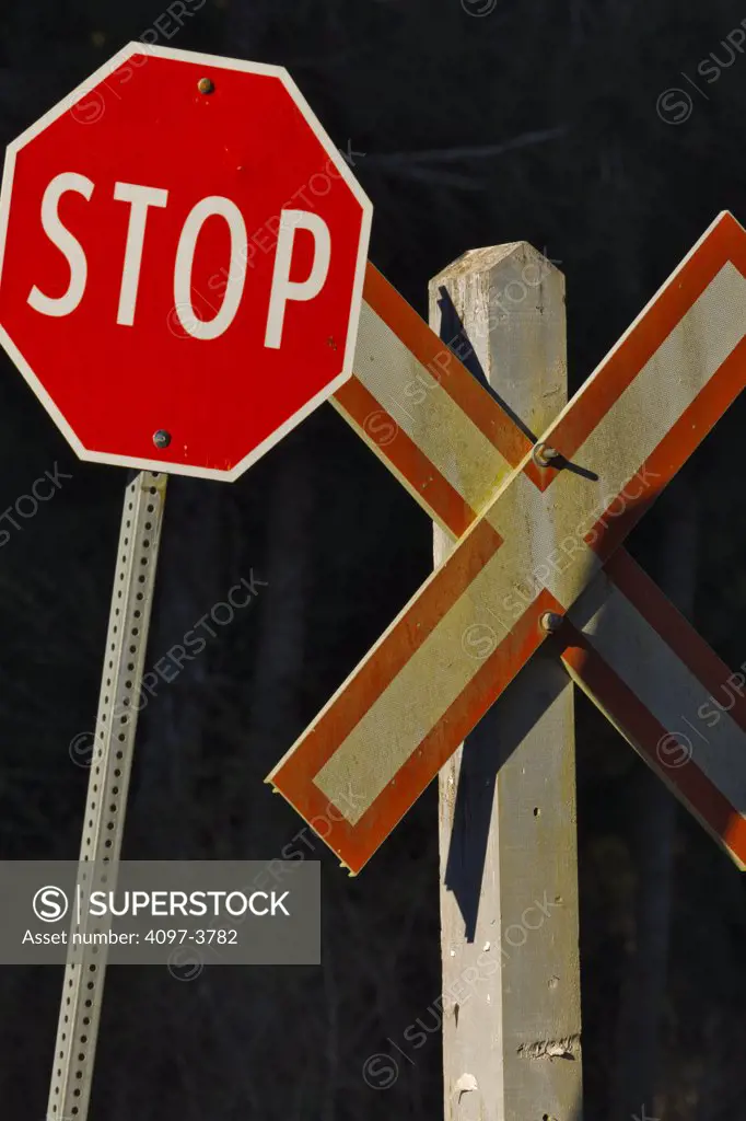 Railroad crossing stop sign, Qualicum Beach, Victoria, British Columbia, Canada