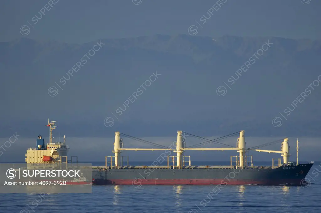 Pilot boat and a container ship in the sea, Victoria, Vancouver Island, British Columbia, Canada