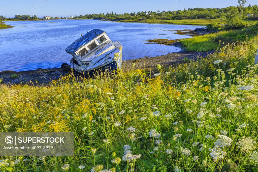 Derelict fishing boat on the coast, Stonehurst East, Nova Scotia, Canada
