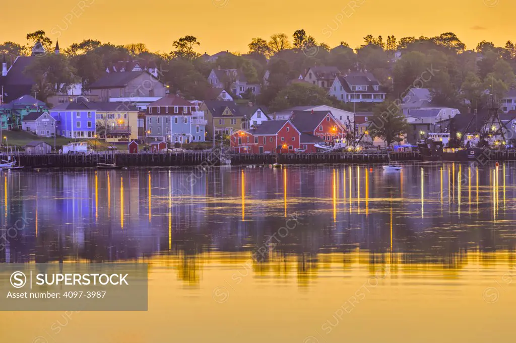 Town lit up at dusk, Lunenburg, Nova Scotia, Canada