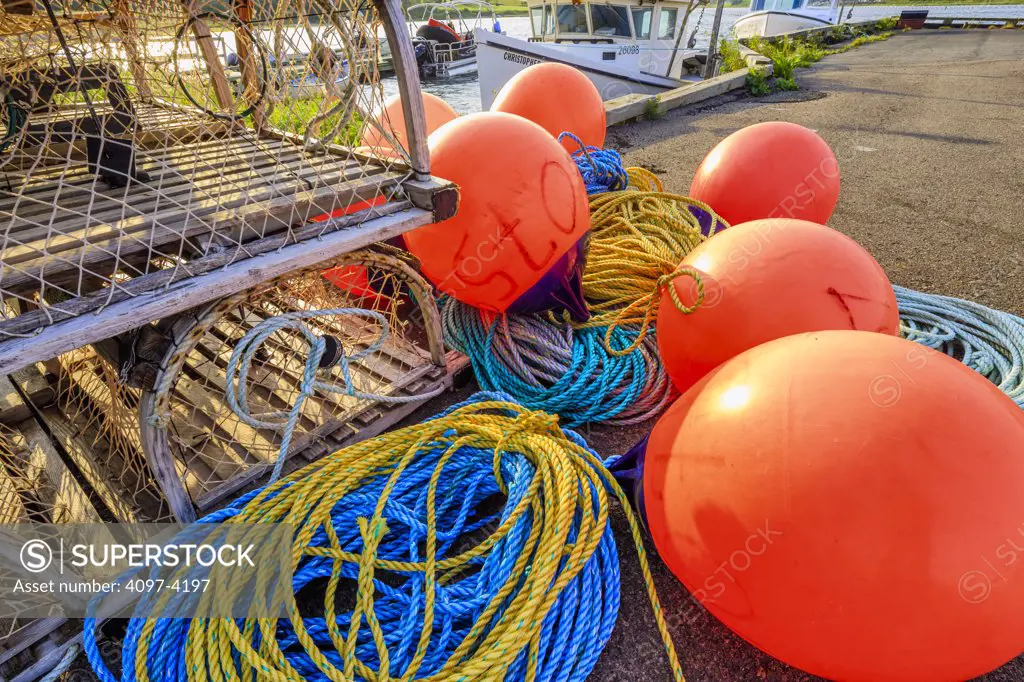 Lobster traps and buoys on a harbor, North Rustico, Prince Edward Island, Canada