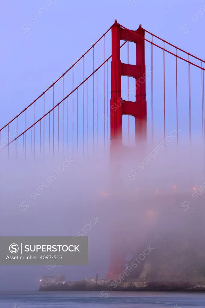 Suspension bridge covered with fog, Golden Gate Bridge, San Francisco Bay, San Francisco, California, USA