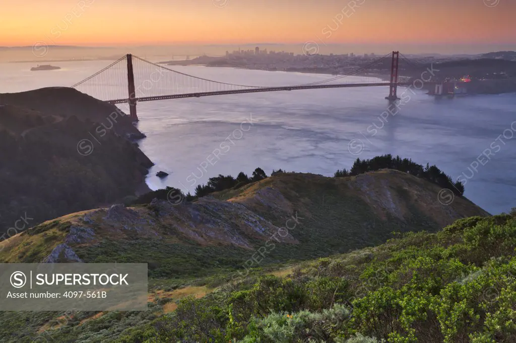 Suspension bridge across the sea, Golden Gate Bridge, San Francisco Bay, San Francisco, California, USA