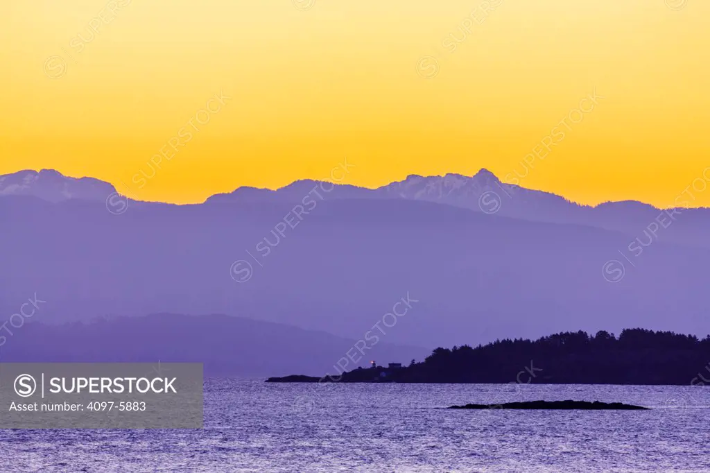 Canada, British Columbia, Vancouver Island, Rathtrevor Beach, View of Georgia straight and Lasqueti Island and Ballenas Islands in distance
