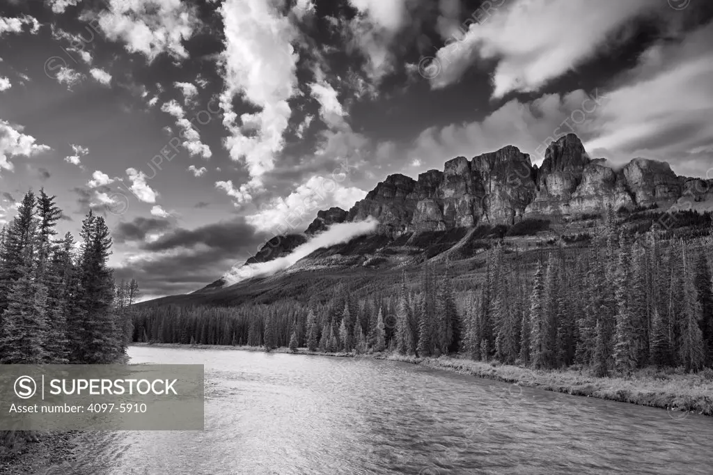 Canada, Alberta, Banff National Park, Castle Mountain and Bow River