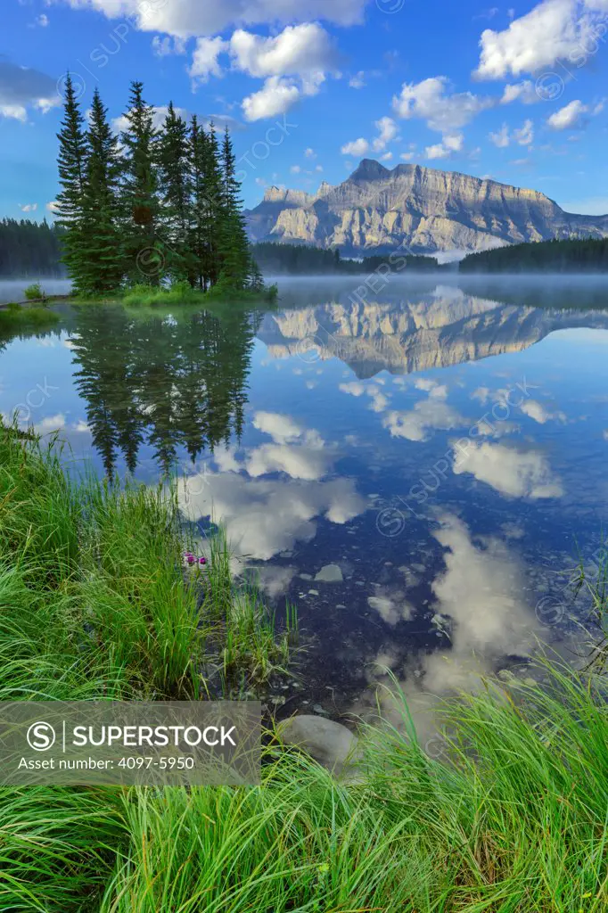 Canada, Alberta, Banff National Park, View of Mount Rundle and Two Jack Lake