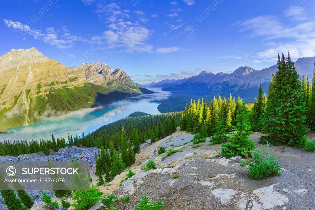 Canada, Alberta, Banff National Park, Mistaya Valley, View to Peyto Lake in morning mist