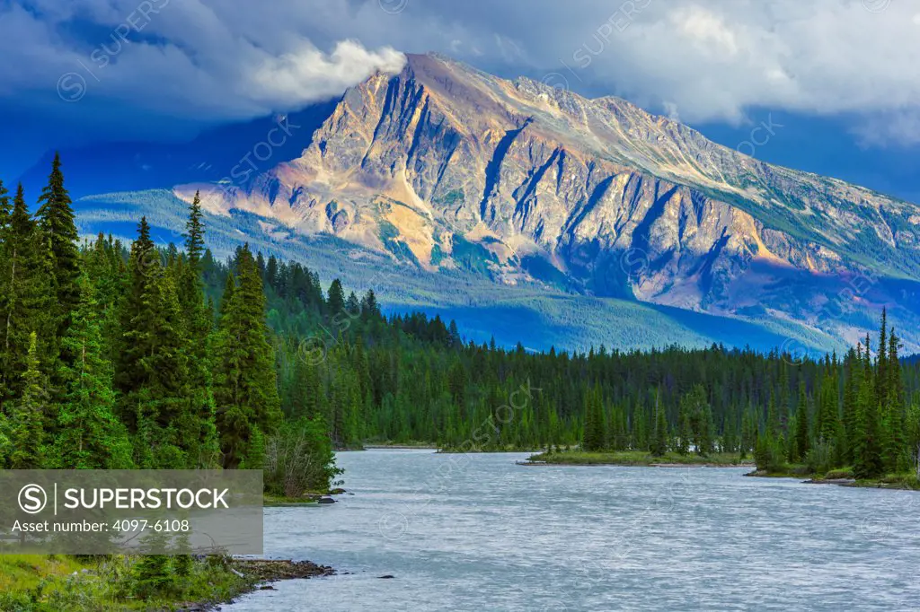 Canada, Alberta, Jasper National Park, View to Mount Hardisty and Athabasca River