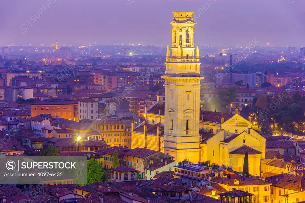 Verona Cathedral at night seen from Piazzale Castel San Pietro
