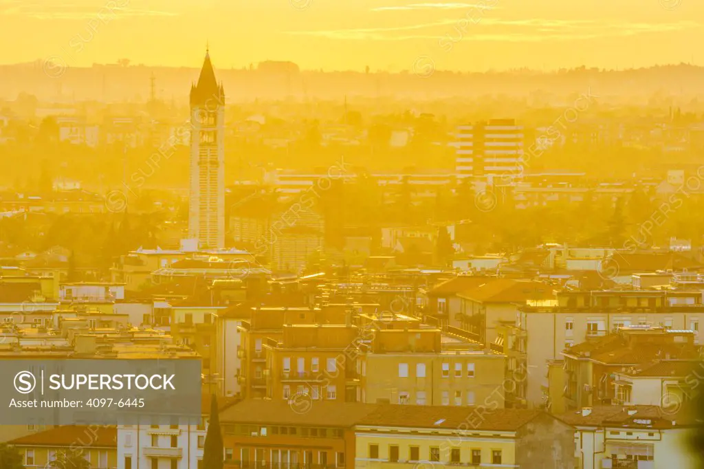 view at sunset from atop Piazzale Castel San Pietro, Verona