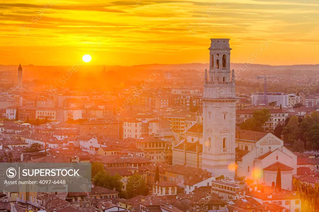 view at sunset of Verona Cathedral from atop Piazzale Castel San Pietro, Verona