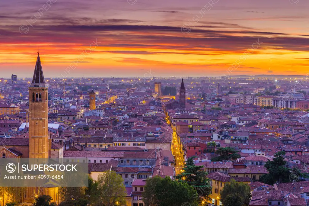 view at sunset from atop Piazzale Castel San Pietro, Verona