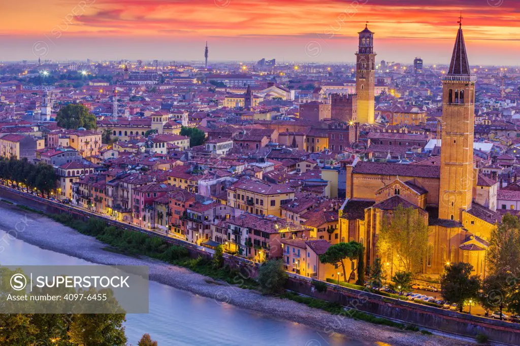 view at dusk from atop Piazzale Castel San Pietro with Fiume Adige River, Verona