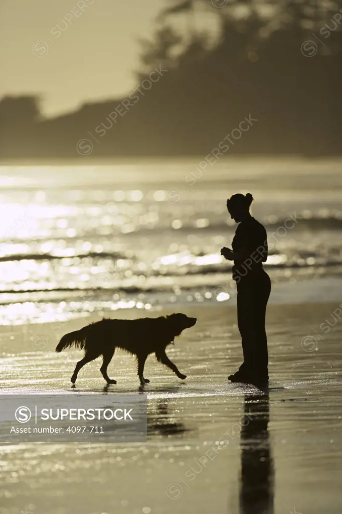 Woman with dog on the beach, Long Beach, Pacific Rim National Park Reserve, British Columbia, Canada