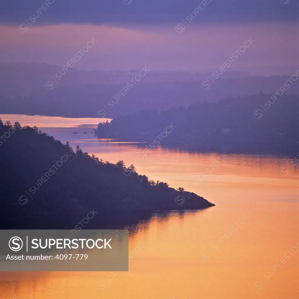 Forest covered with fog viewed from Malahat, Finlayson Arm, Saanich Peninsula, Vancouver Island, British Columbia, Canada