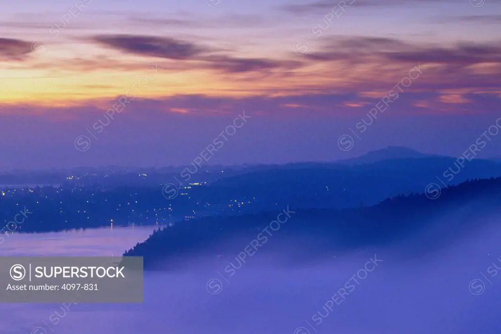 Town covered with fog, Finlayson Arm, Saanich Peninsula, Vancouver Island, British Columbia, Canada